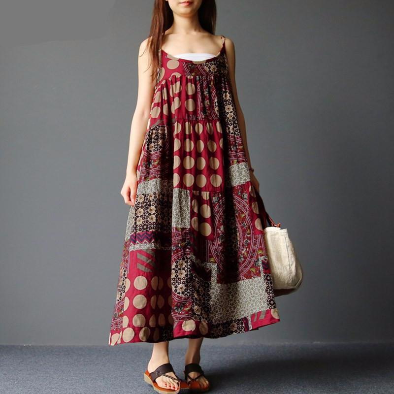 Buddha Trends Dress Merah / XXL Patchwork Polka Dots Hippie Dress