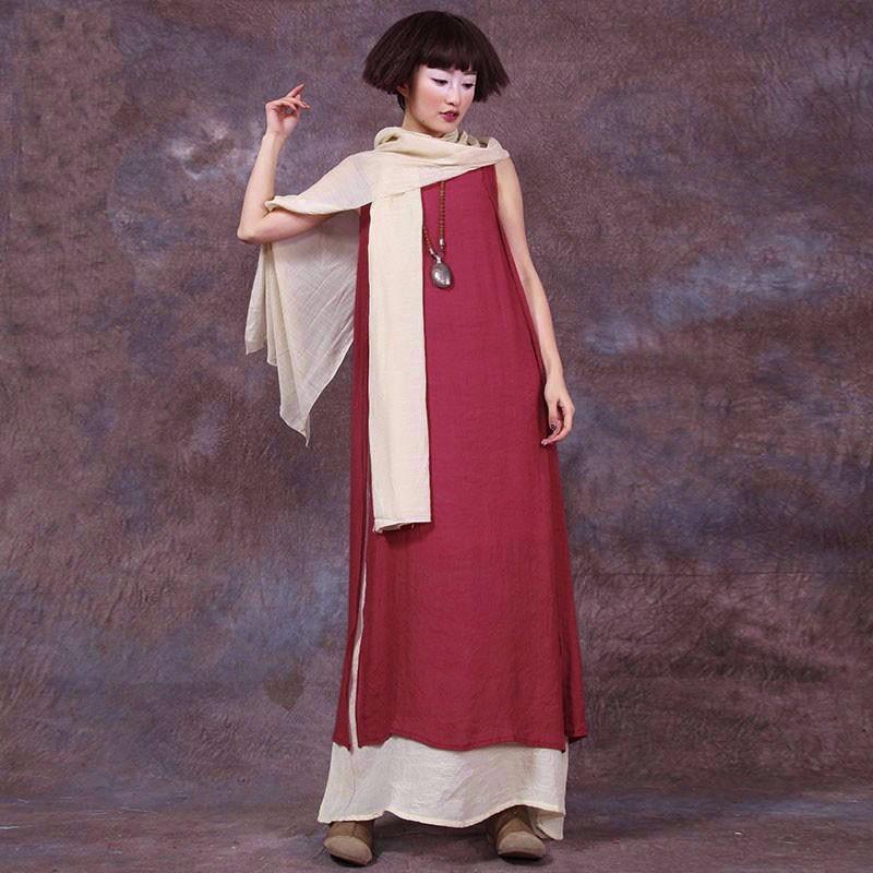 Buddha Trends Dress Red / XXXL Boho Chic Maxi Φόρεμα με Κασκόλ