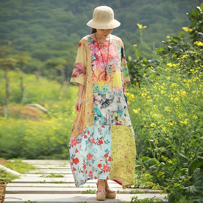 Buddha Trends Dress Rising Phoenix Abstrakcyjna patchworkowa sukienka