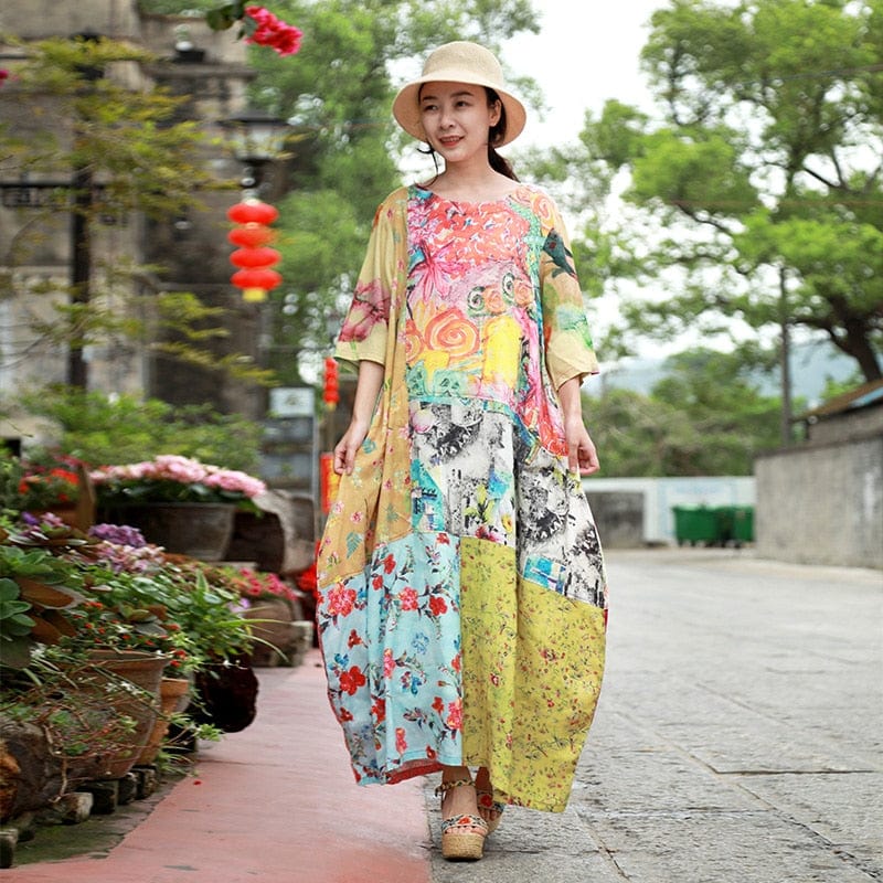 Buddha Trends Dress Rising Phoenix Robe patchwork abstraite