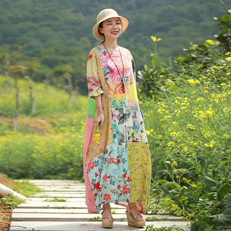 Buddha Trends Dress Rising Phoenix Abstraktes Patchwork-Kleid