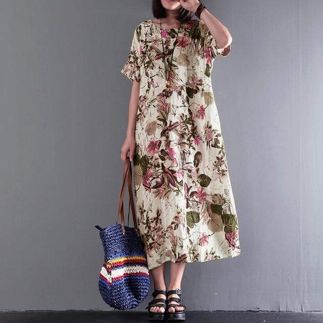 Buddha Trends Kleid Rose / M Lässiges Midikleid in Übergröße mit Blumen