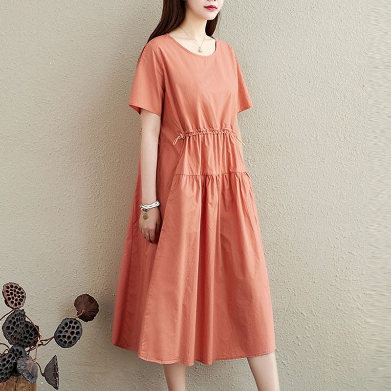 Buddha Trends Dress Short Sleeve Casual Coton Midi Dress