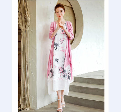 Buddha Trends Dress Robe à manches courtes à fleurs + cardigan