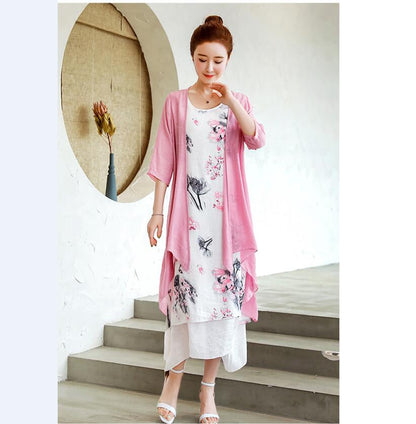 Buddha Trends فستان قصير الأكمام فستان زهري + كارديجان