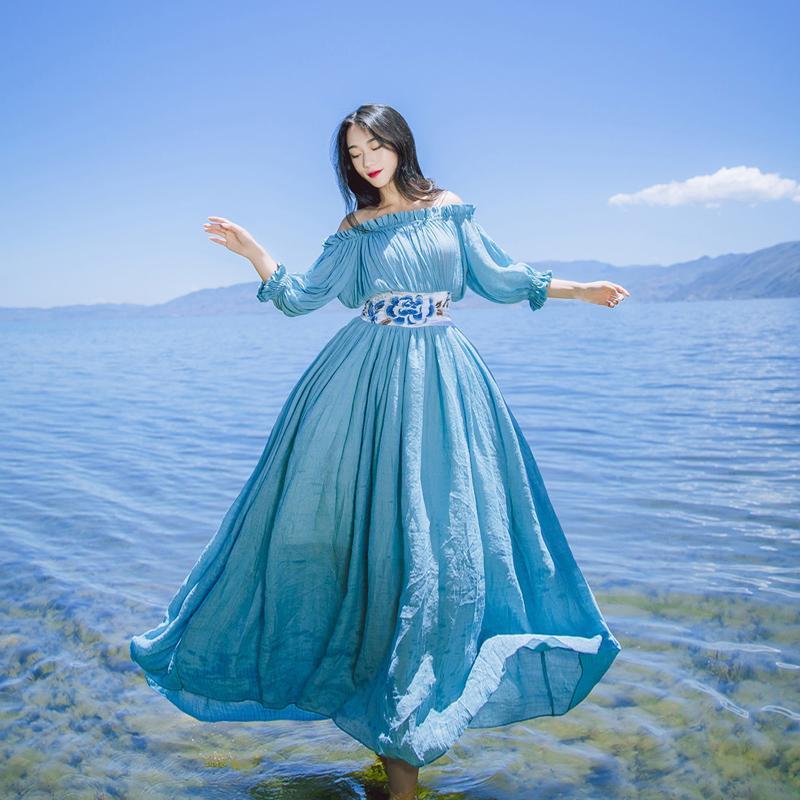 Buddha Trends Dress Sky Blue Off Shoulder Midi Flare Dress | Mandala