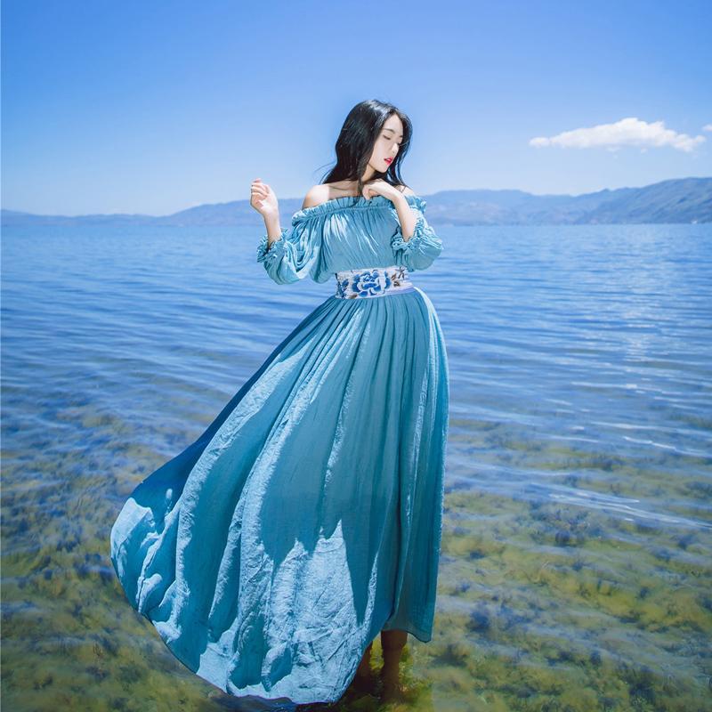 فستان بوذا تريندز باللون الأزرق السماوي بدون أكتاف فستان ميدي واسع | ماندالا
