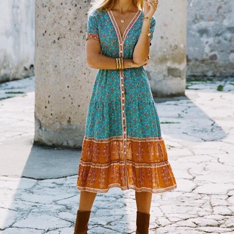 Buddha Trends Dress Turquoise / 4XL Boho Hippie Floral Printed Midi Dress