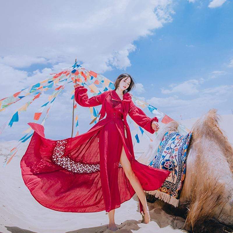 Santa Fe Dress, long, 3/4 Sleeve, Gypsy Red