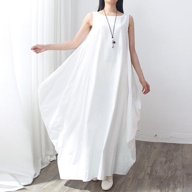 Buddha Trends Dress Putih / 4XL Longgar Tanpa Lengan Maxi Dress