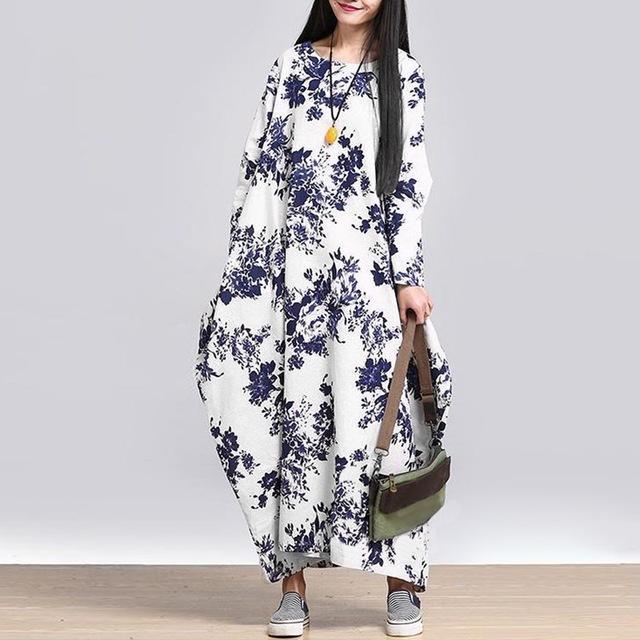 Plus Size White and Blue Floral Maxi Dress
