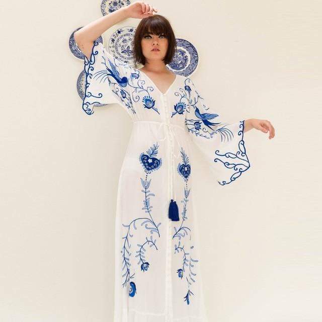 Buddha Trends Dress White &amp; Blue / L Higher Consciousness  Boho Maxi Dress