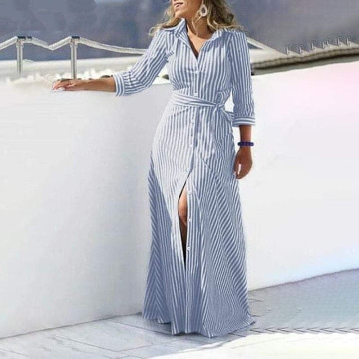 Buddha Trends Kleid Weiß & Blau / L My Destiny Gestreiftes Maxi-Hemdkleid