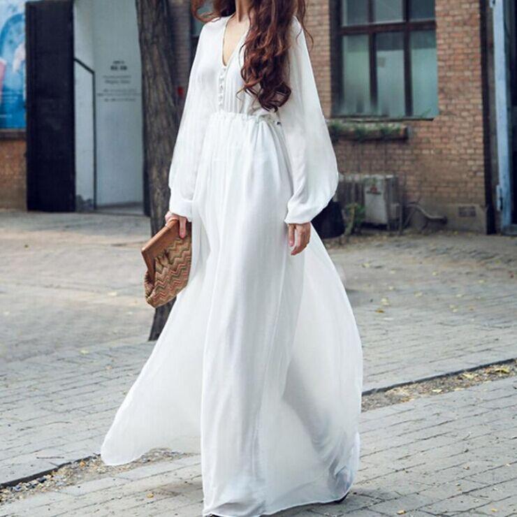 Buddha Trends Kleid Weiß / L Empire-Taille Boho Chic Lässiges weißes Kleid