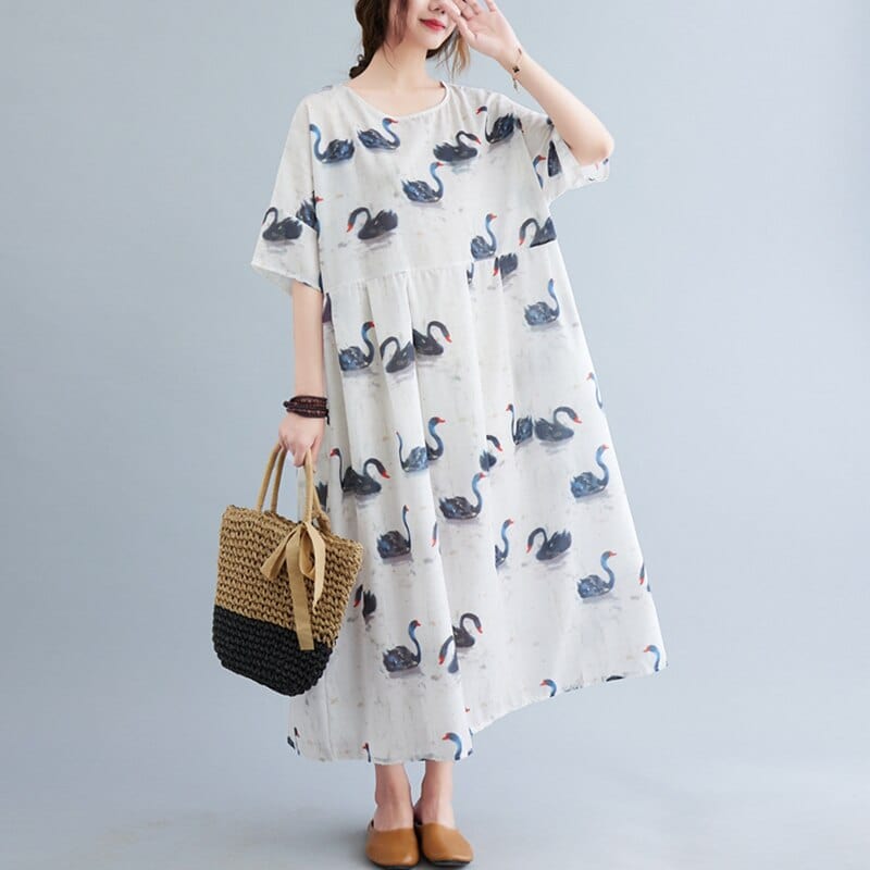 Φόρεμα Buddha Trends Λευκό / L Loose Swans Print Midi φόρεμα