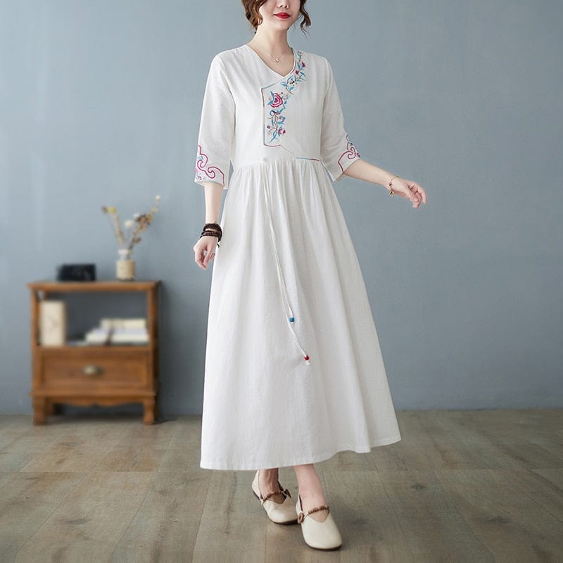 Buddha Trends Dress white / M Floral Embroidered Loose Midi Dress