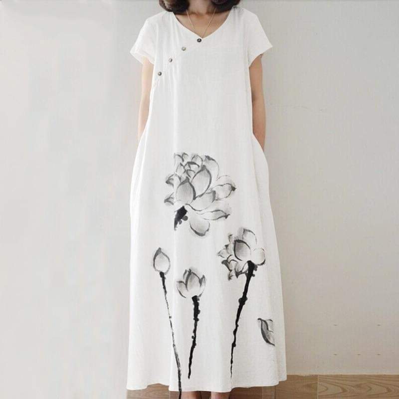 Buddha Trends Dress Λευκό / M Μαλακό φόρεμα Enya Lotus