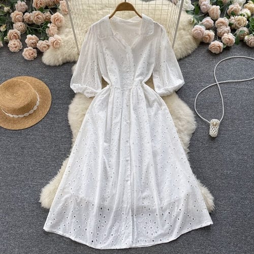 Φόρεμα Buddha Trends Λευκό / One Size Casual Chic Πουά Βαμβακερό Φόρεμα | Λωτός