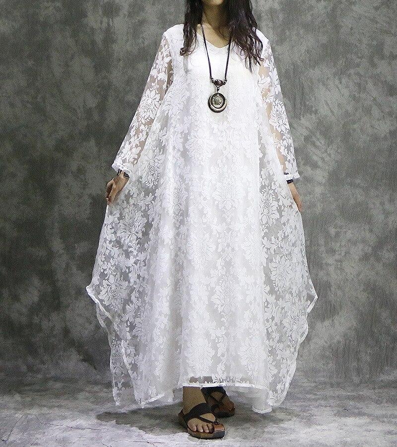 Buddha Trends Dress Λευκό / One Size Retro κεντημένο Floral Maxi φόρεμα | Νιρβάνα