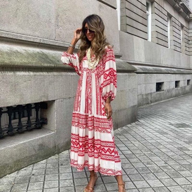 Buddha Trends Dress White Red / S Nathaly Boho Puff Sleeves Dress