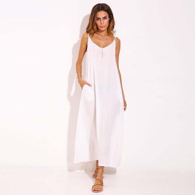 Φόρεμα Buddha Trends White / S Boho V Neck αμάνικο φόρεμα στην παραλία