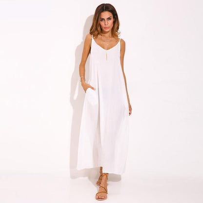 بوذا تريندز فستان أبيض / S بوهو برقبة على شكل V بلا أكمام فستان شاطئ