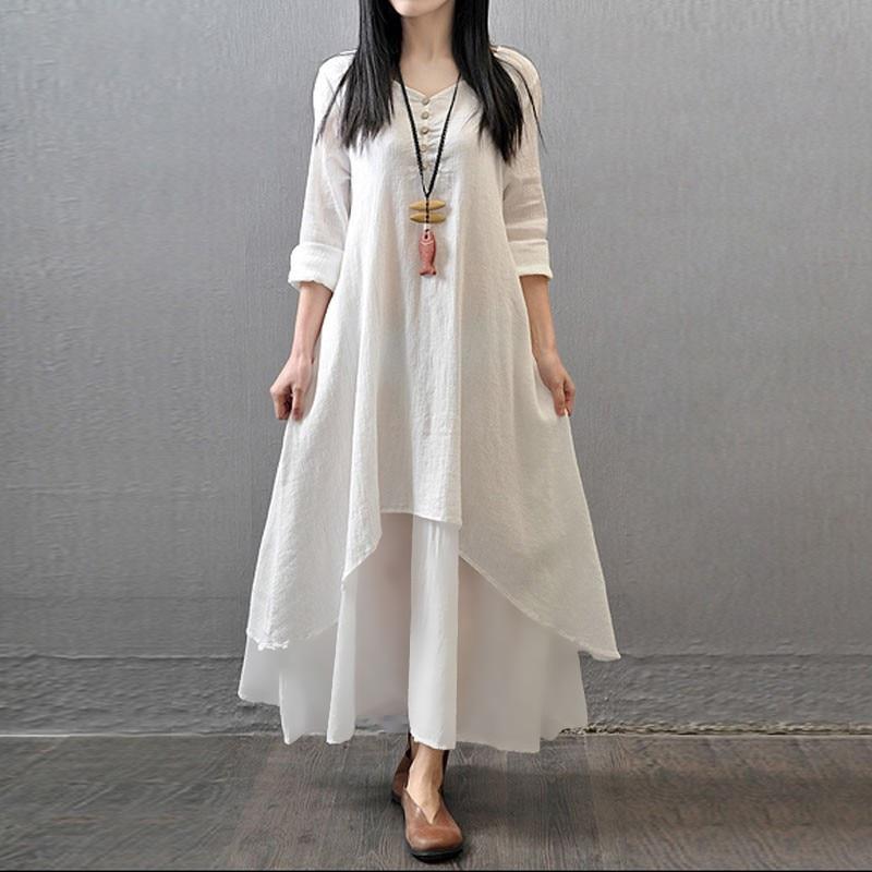 Buddha Trends Dress White / XXXL Asymetrické dvouvrstvé šaty Irene