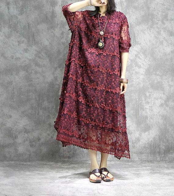 Buddha Trends Dress Wine red / One Size Asymmetrical Lace Midi Dress