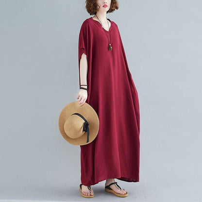 Buddha Trends Dress Wine Red / One Size V-Neck Batwing Sleeve Solid Robe