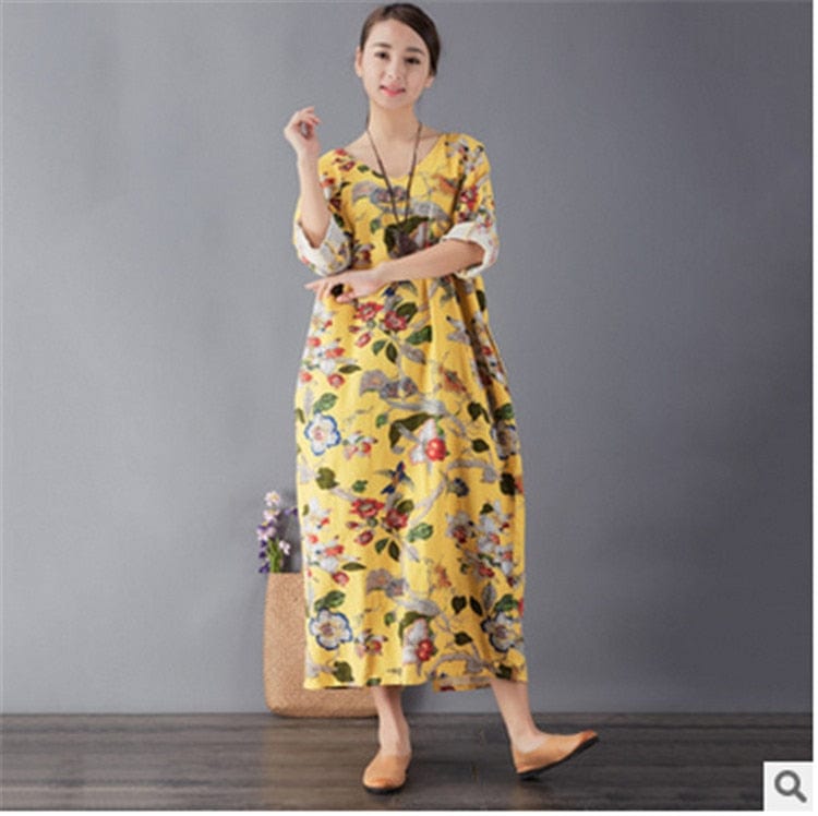 Buddha Trends Dress Giallo / Taglia unica Uccelli e fiori Abito longuette vintage