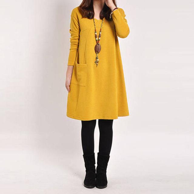 Φόρεμα Buddha Trends Κίτρινο / S Μακρυμάνικο Φόρεμα με λαιμό