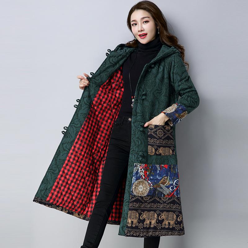 Buddha Trends Embroidered Hooded Knee-Length Trench Coat
