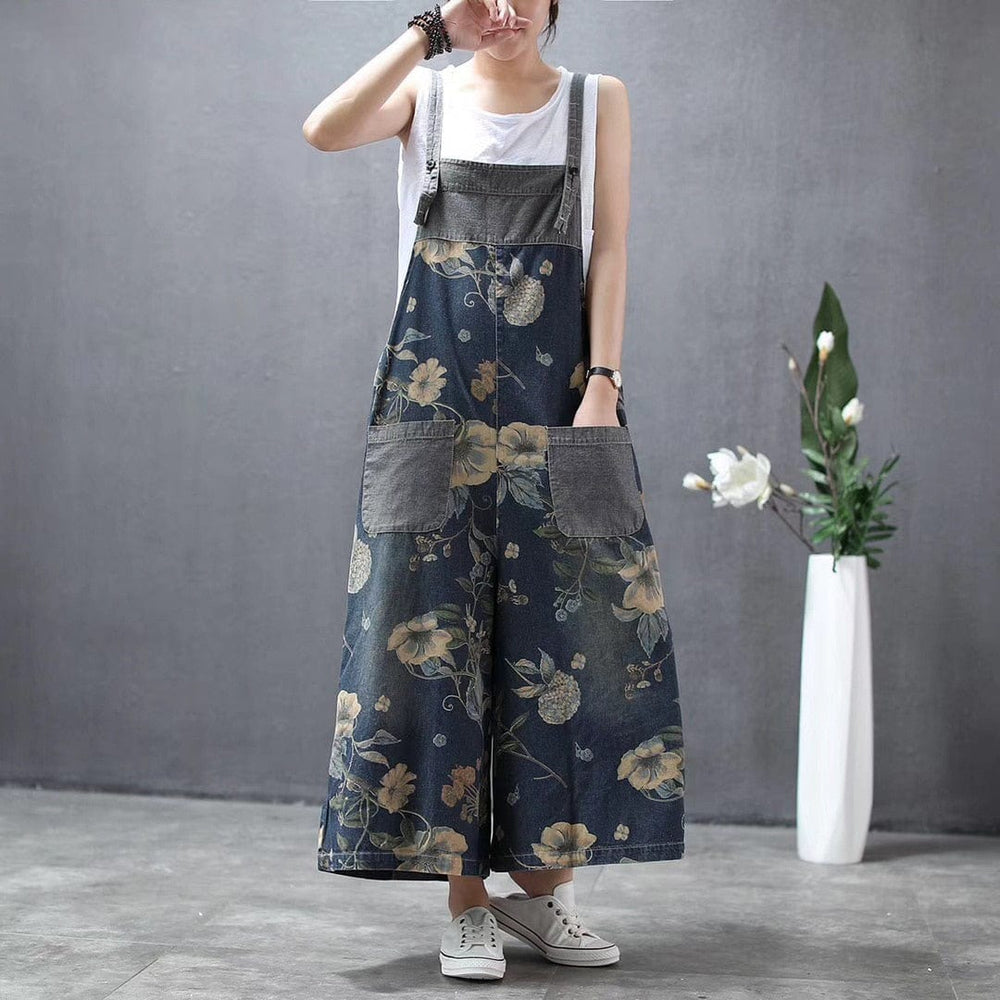 Buddha Trends Floral Denim Overall Wide Leg Loose Floral Overall