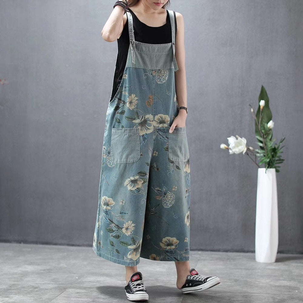 Buddha Trends Floral Denim Overall Wide Leg Loose Floral Overall