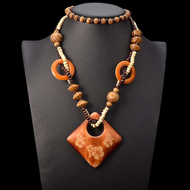 Geometric Floral Wood Necklace