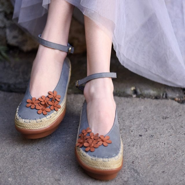 Buddha Trends cinza / 7.5 sapatos florais de couro feitos à mão