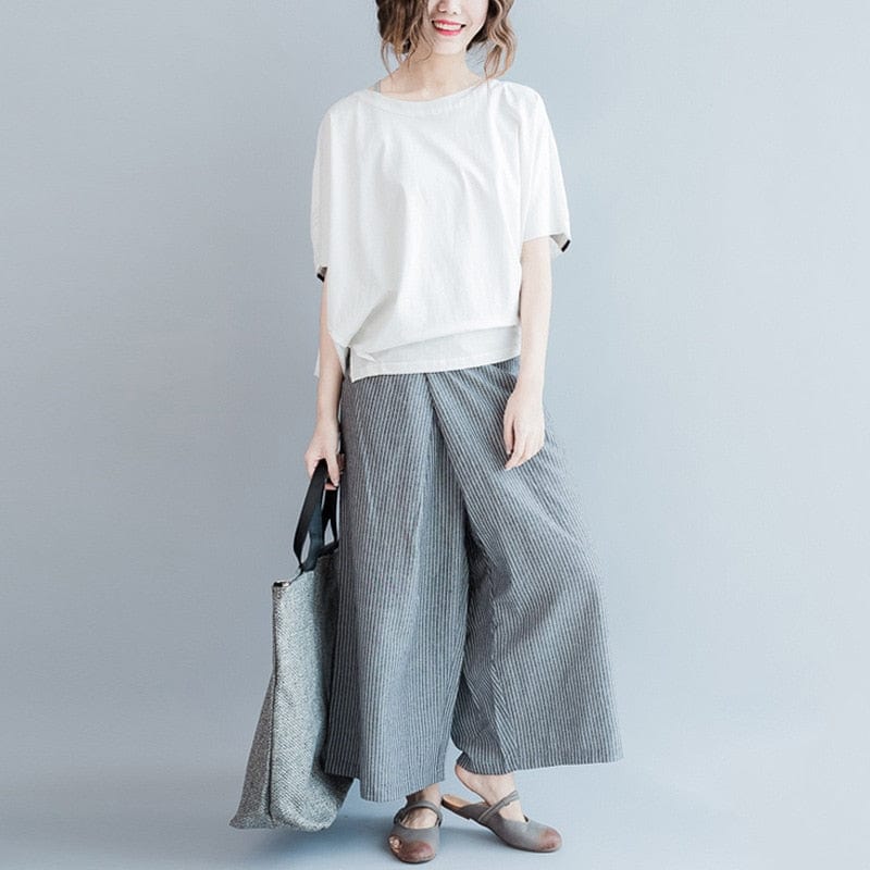 Buddha Trends Gray / M White and Grey Striped Wide Leg Pants