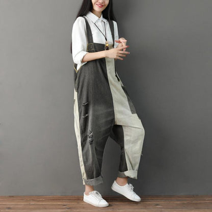 Buddha Trends Gray / One Size Distressed Patchwork 90s Denim Overall