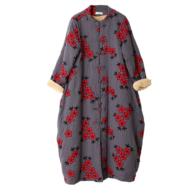 Buddha Trends gray / One Size Floral Embroidered Trench Coat