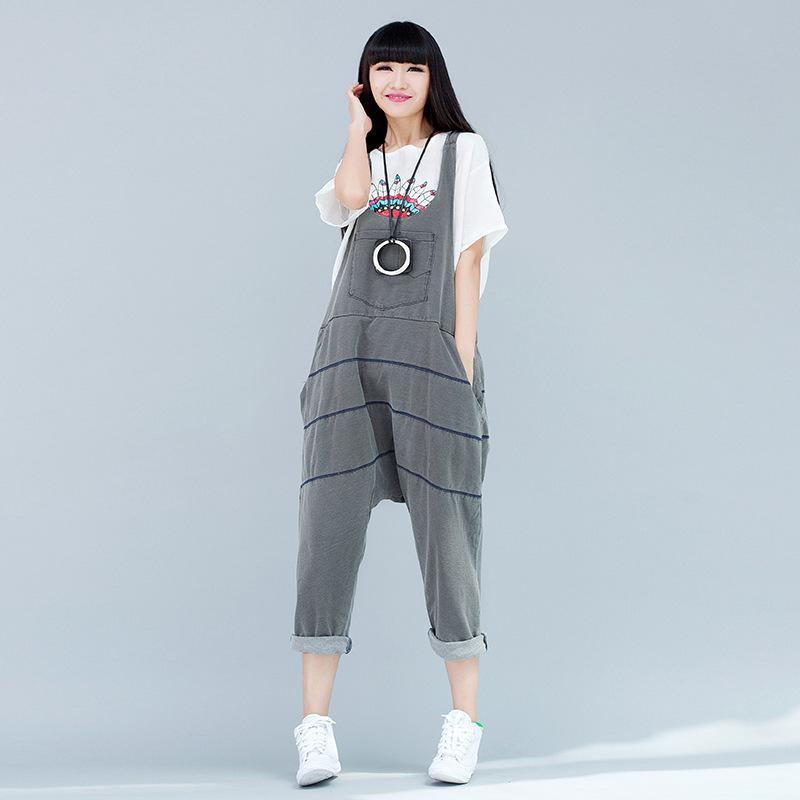 Buddha Trends Gray / One Size Low Crotch Loose Denim Overall