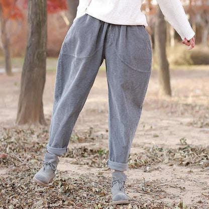 Buddha Trends šedé / jednovelikostní vyhrnuté vintage manšestrové kalhoty
