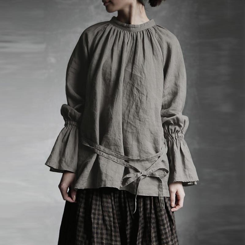 Buddha Trends Gray / S Victorian Era Flare Sleeve Cotton Shirt