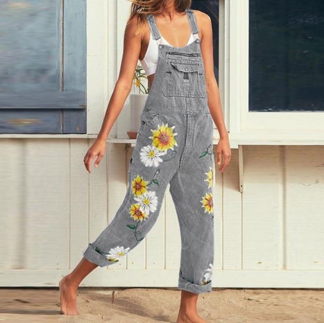 Buddha Trends Grey / L Hippie Peace Floral Denim Overall