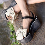 Buddha Trends Handmade Bow Retro Platform Leather Sandals