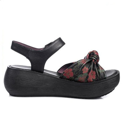 Buddha Trends Ręcznie robione skórzane sandały na platformie w stylu retro w kwiaty