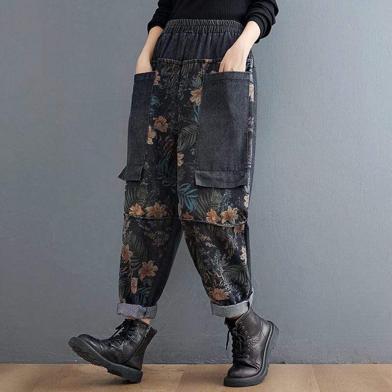 Buddha Trends Harem Jeans Negro / L Jeans Harem florales de cintura alta