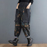 Buddha Trends Harem Jeans Swart / L Hoë middellyf Floral Harem Jeans