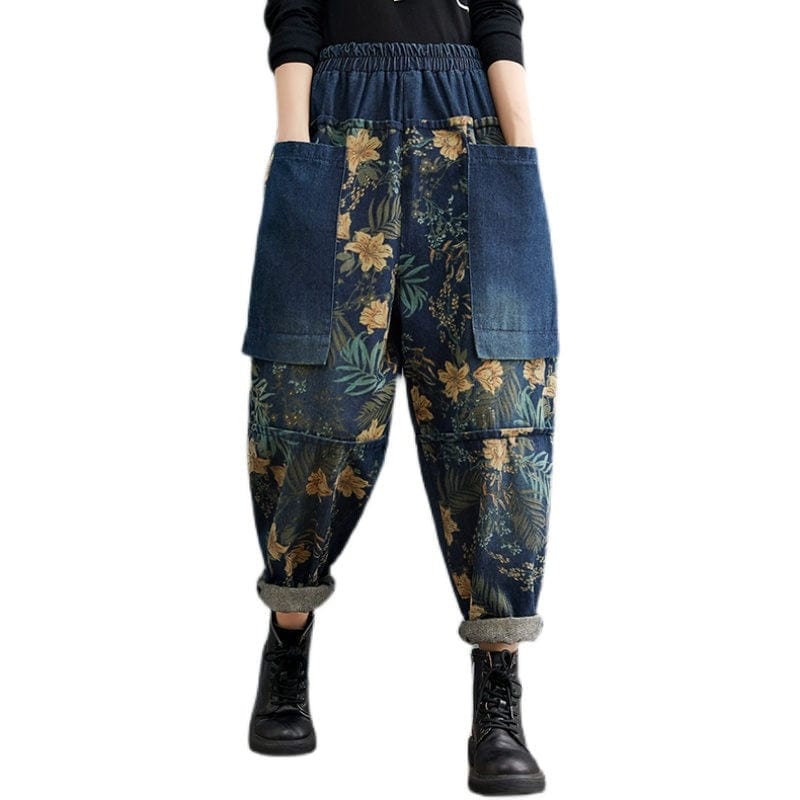 Buddha Trends Harem Jeans Blue / L High Waist Floral Harem Jeans