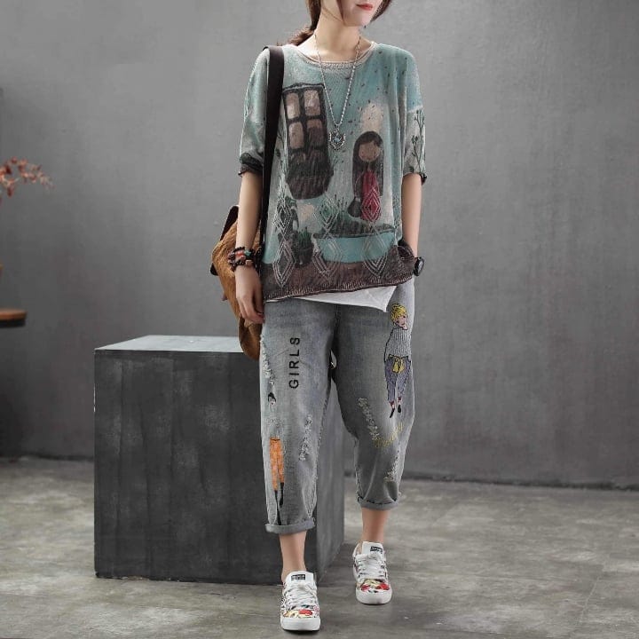 Джинси-гареми Buddha Trends Гаремні джинси для дівчат з мультфільмом Рвані джинси