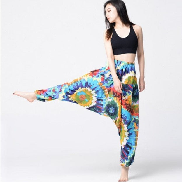 Pantaloni Harem Buddha Trends Pantaloni Harem hippie con stampa tie-dye blu